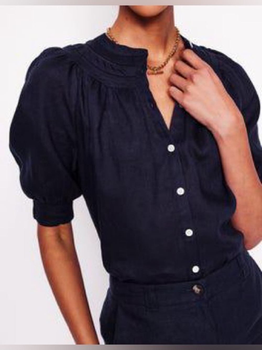 Boden Bea Stitched Yoke Linen Top in Navy, Size 2